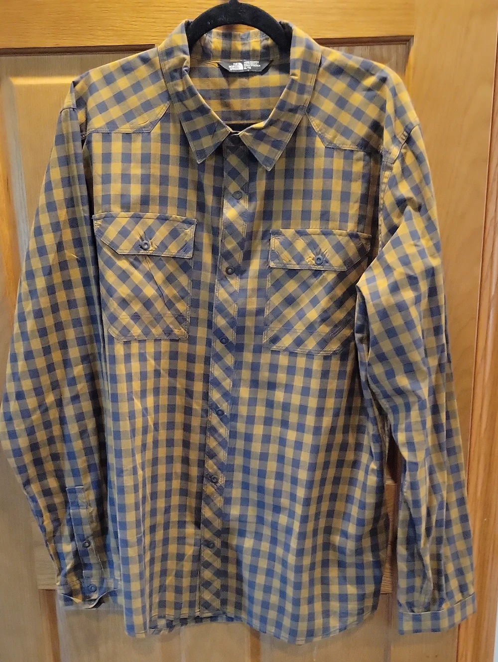 North Face Men's Yellow and Navy Check Shirt - Classic Button-Down. Cleaned.
